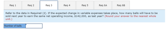 Req 4 Req 5 Req 6A Req 6B Req 1 Req 2 Req 3 Refer to the data in Required (2). If the expected change in variable expenses takes place, how many balls will have to be sold next year to earn the same net operating income, $142,000, as last year? (Round your answer to the nearest whole unit.) Number of balls