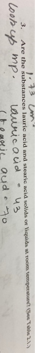 1.73 m 213 3. Are the substances lauric acid and stearic acid solids or liquids at room temperature See look up mp. lauric ac