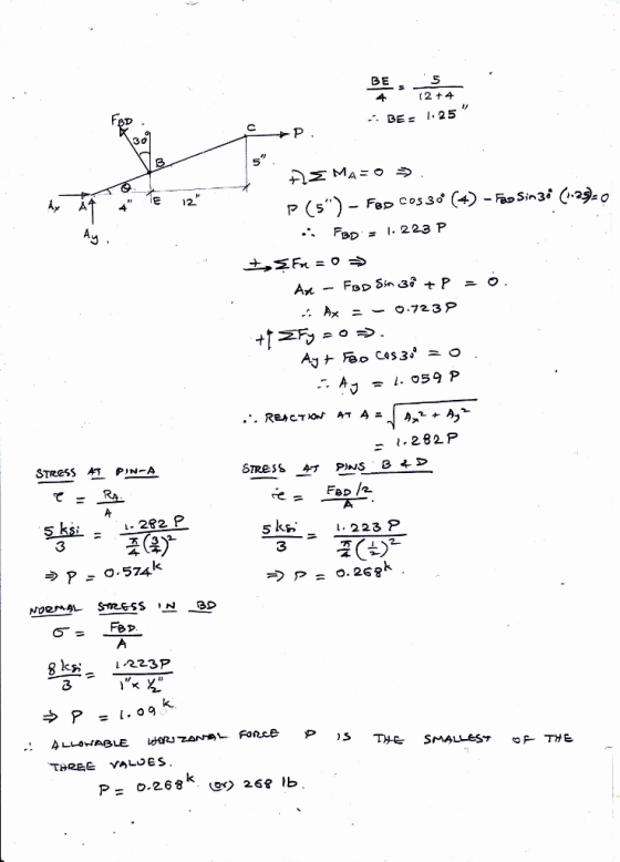 BE 5 【2+4 1.25 ,, BE = 30 5 FBD = 1。223 P STReSS AT PIN-A てーRa i- 282 P 五( 3Y- 3 k< 8kお 3 1,223 P THREC VALSES P= 0.268 268