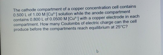 The cathode compartment of a copper concentration cell contains 0.500 L of 1.00 M [Cu2+] solution while the anode compartment