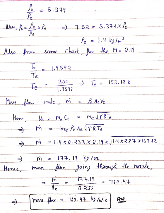تهیه = 5.374 be Now, foloxle 7.52 = 5.374x de Pe le 1.4 kg/m3 Also from. same chart, for the M= 2.19 To 1.9592 Te Ә) Те 1S3.1