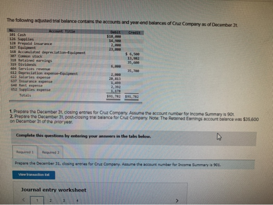 The following adjusted trial balance contains the accounts and year-end balances of Cruz Company as of December 31 No. Accoun
