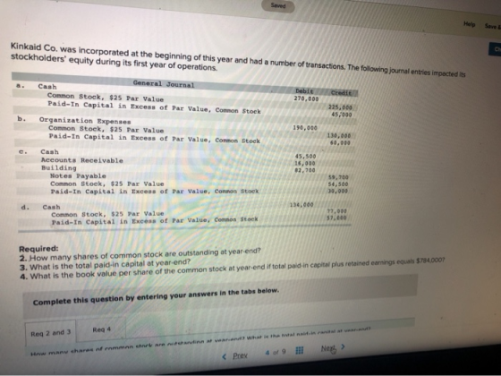 Saved Help Save Kinkaid Co. was incorporated at the beginning of this year and had a number of transactions. The following jo