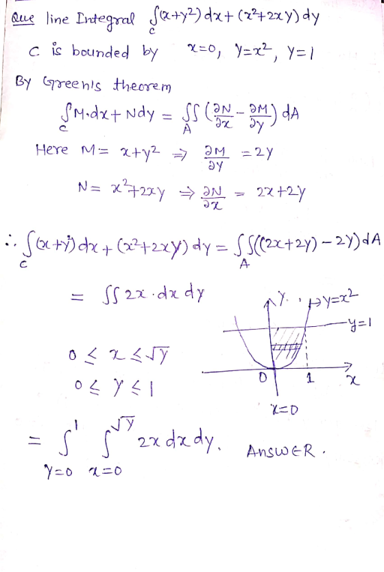 Que line Integral [(x2+x2)dx+(22+229) dy c is bounded by X=0, Y=72, Y=1 By Greens theorem & Modxt Ndy SS (ON-OM) DA θα Oy He