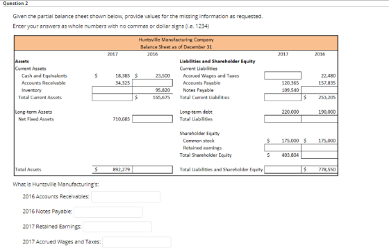 Question 2 Given the partial balance sheet shown below, provide values for the missing information as requested. Enter your a