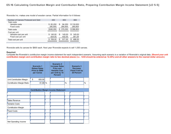 E5-16 Calculating Contribution Margin and Contribution Ratio, Preparing Contribution Margin Income Statement [LO 5-5] Riversi