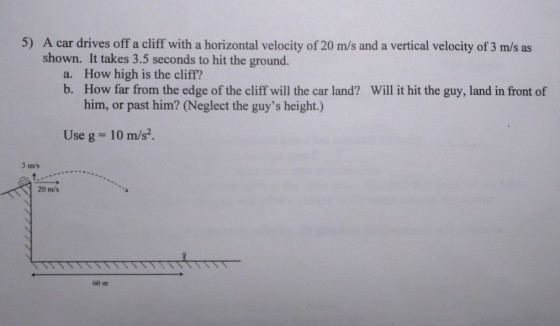 5) A car drives off a cliff with a horizontal velocity of 20 m/s and a vertical velocity of 3 m/s as shown. It takes 3.5 seconds to hit the ground. How high is the cliff? How far from the edge of the cliff will the car land? him, or past him? (Neglect the guys height.) a. b. Will it hit the guy, land in front of Use g = 10 m/s2. 3 m/s 20 ms 60 m