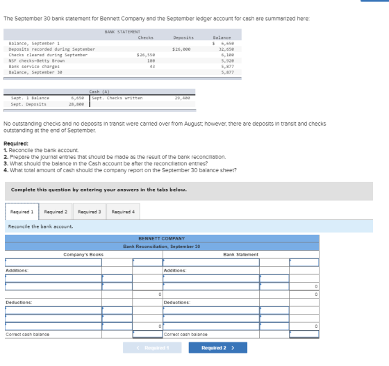 The September 30 bank statement for Bennett Company and the September ledger account for cash are summarized here: BANK STATE
