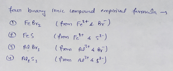 fersnula ~ four binary ionic compound empirical Fe Bra (from Feet & B5) 2 FeS (from Fe 2+ 452-) 3 Al Brs (from Rest & Br). 4