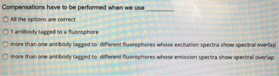 Compensations have to be performed when we use O All the options are correct 0 1 antibody tagged to a fluorophore O more than