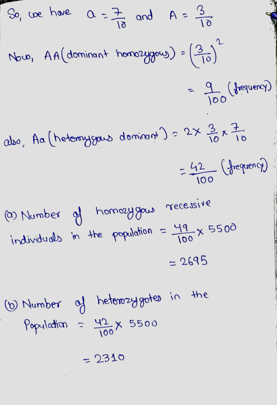- So, we have a = 7e and A = 20 - Noco, AA(dominant homozya - a to frequency also, Aa (heternygous dominant) = 2x 3 x 27 00 4