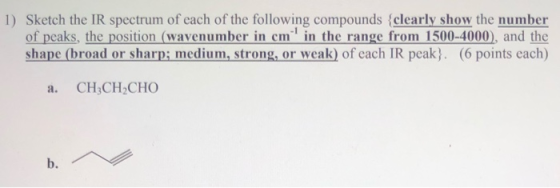 1) Sketch the IR spectrum of each of the following compounds {clearly show the number of peaks, the position (wavenumber in c