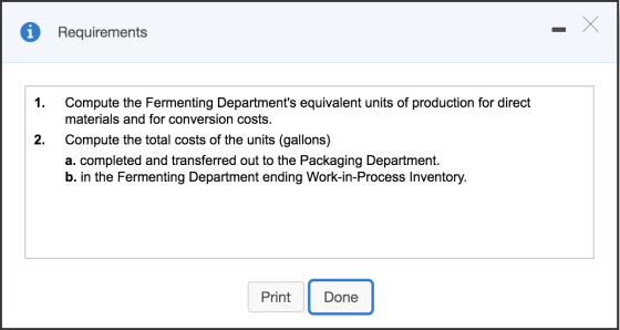 A Requirements 1. 2. Compute the Fermenting Departments equivalent units of production for direct materials and for conversi