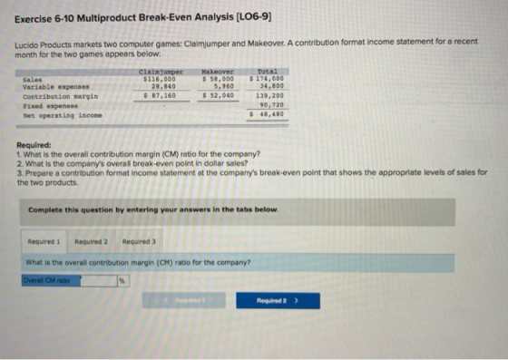 Exercise 6-10 Multiproduct Break-Even Analysis (L06-9) Lucido Products markets two computer games: Claimjumper and Makeover.