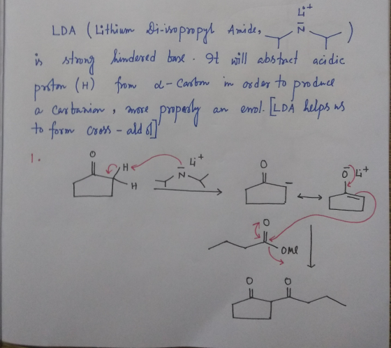 L.DA (Lthium i-io pmpyl Amide, himdered bank9t ill abstact acidic prttm (H) fd- Cabm i 0rdey to pndad an enol. LDA helps s a