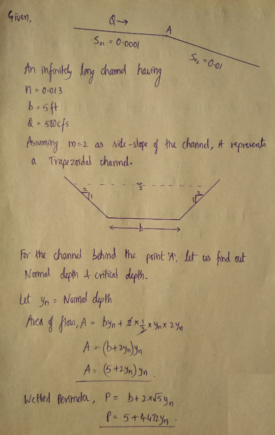 Given, So0 000 n minitdl, loy chamdl hauing 0-013 5ft &-50 cfs a Trap zadal channd far the chamnl bdhnd the pant . lt to ind