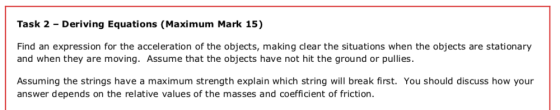 Task 2 - Deriving Equations (Maximum Mark 15) Find an expression for the acceleration of the objects, making clear the situat