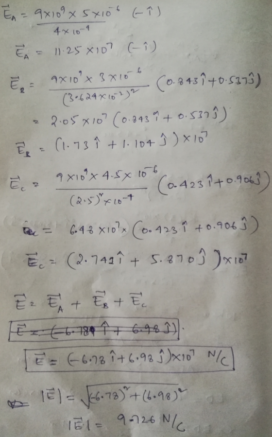 A = 9x108x5x10b (î) 4x10-9 Em = 1.25x10? (1) Ē, 9x10x 3x10-6 204 24 x 10-22 (0.8431 +0.5375) - 205010 (0.843 9 +0.5319). E =