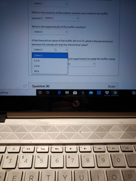 [ Select What is the molarity of the sodium acetate once mixed in the buffer solution? [Select] What is the expected pH of th