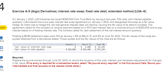 Exercise A-5 (Algo) Derivatives; interest rate swap; fixed rate debt; extended method [LOA-6] On January 1, 2021, LLB Industr