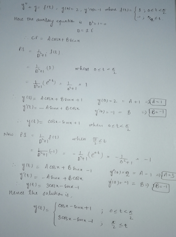 y + y = f(t), 7(0) = 2, 910=-1 where f(L) = { 1; OSE LA Here the auxilary equation is D²+1=0 Defi :. GF = A cosnt B sinn Dzi