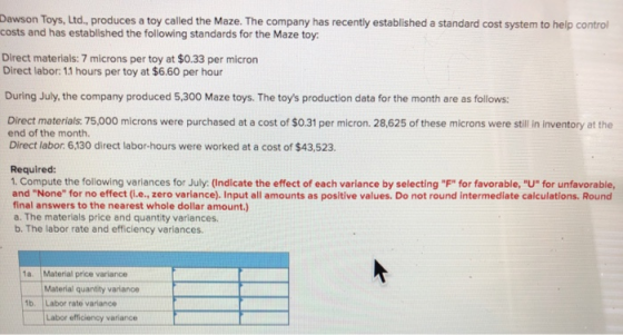 Dawson Toys, Ltd., produces a toy called the Maze. The company has recently established a standard cost system to help contro