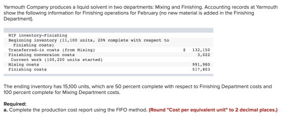 Yarmouth Company produces a liquid solvent in two departments: Mixing and Finishing. Accounting records at Yarmouth show the