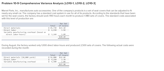 Problem 10-9 Comprehensive Variance Analysis (LO10-1, LO10-2, LO10-3] Marvel Parts, Inc., manufactures auto accessories. One