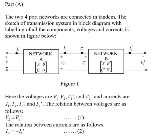 Part (A) The two 4 port networks are connected in tandem. The sketch of transmission system in block diagram with labelling o