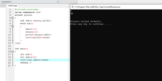 C:\Program Files (x86)\Dev-Cpp ConsolePauser.exe (globals) I check.cpp i #include<iostream> 2 using namespace std; 3 struct p