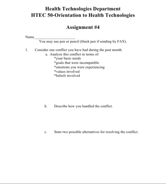 Health Technologies Department HTEC 50-Orientation to Health Technologies Assignment #4 Name You may use pen or pencil (black