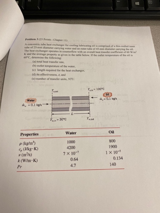 Problem (25 Points - Chapter 11) A concentre tube heat exchanger for cooling lubricating oil is comprised of a thin-walled me