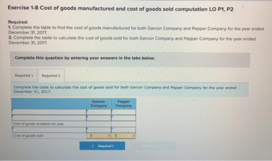 Exercise 1-8 Cost of goods manufactured and cost of goods sold computation LO P1, P2 Required: 1. Complete the table to find