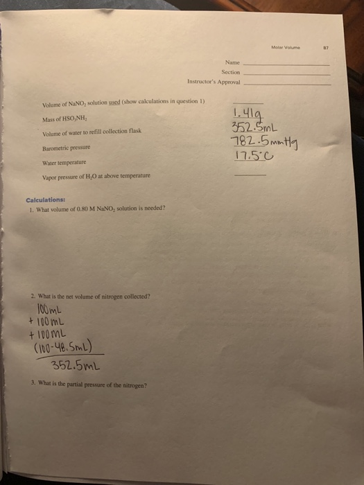 Mol Volume Name Section Instructors Approval Volume of NaNO, solution used (show calculations in question 1) Mass of HSO,NH