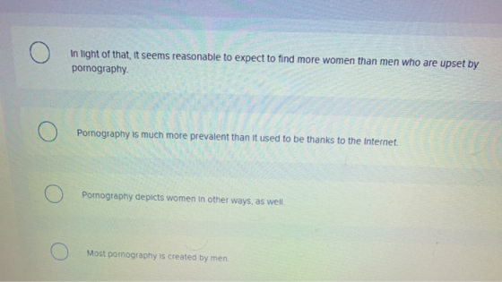In light of that, it seems reasonable to expect to find more women than men who are upset by pornography. O Pornography is mu