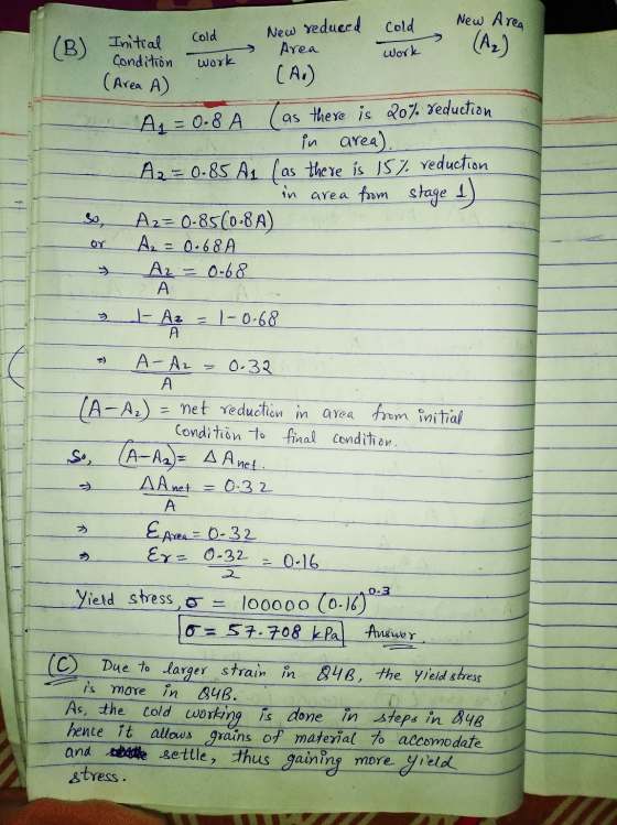 cold New Area New reduced (B) Work Initial cold OH A = 0.8 A Α. (A₂) Area Condition work (A) (Area A) (as there is 20% reduct