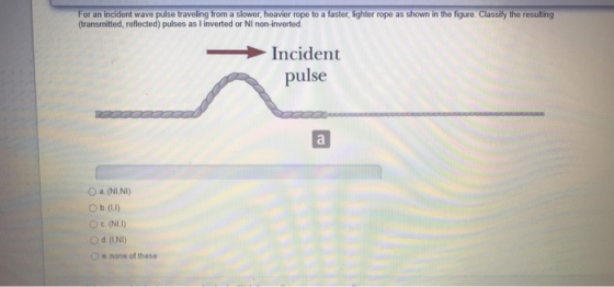 For an incident wave pulse traveling from a slower, heavier rope to a faster, lighter rope as shown in the figure. Classify t