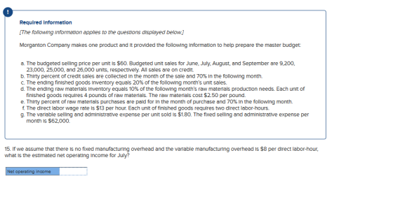 Required Information [The following Information applies to the questions displayed below.] Morganton Company makes one produc