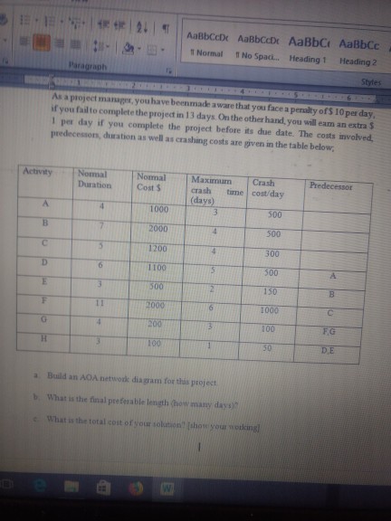 till. lli I:ll.la-?. || Normal No Spad. Heading 1 Heading 2 Styles As a project manages, youhave beenmade aware that you face a penalty ofs 10per day if you failto complete the project in 13 days On the other hand, you will eam an extra $ 1 per day if you complete the project before its due date. The costs involved. predecesson, duration as well as crashing costs are given in the table below Actvity Nomal Nomal MaximumCrash Predecessor Duration Cost$ crash time cost/day 410003 500 500 300 1OO0daye) 20004 500A 35002 150B 1000 - C- - 100 FG 1OO DE a Build an AOA netwodk diagram for thás project b. What is the final preterable length Ghow many days) : What is the total cost of your solation [show your nodkingl