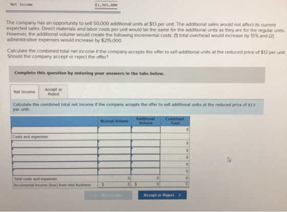 Net income $1.965.000 The company has an opportunity to sell 50,000 additional units at $13 per unit. The additional sales wo