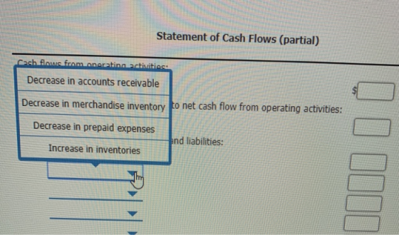 Statement of Cash Flows (partial) Cash floure from onerating activities: Decrease in accounts receivable Decrease in merchand
