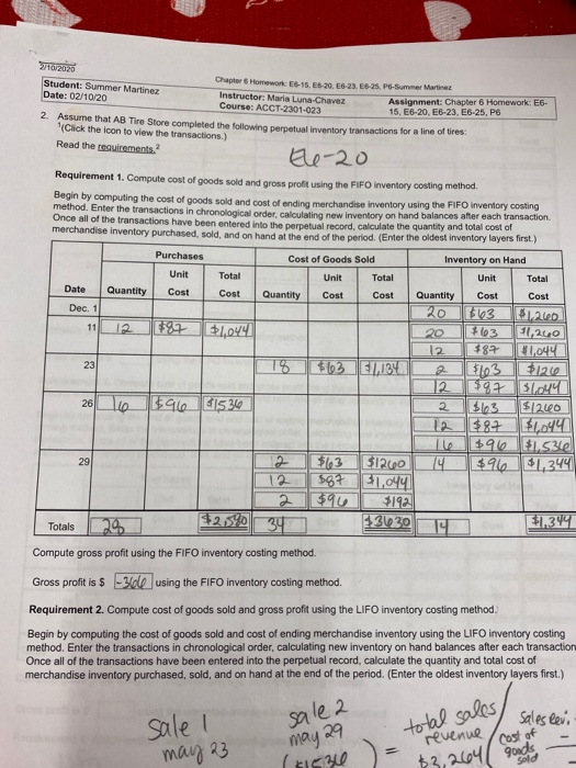 2/10/2020 Student: Summer Martinez Date: 02/10/20 Chapter 6 Homework ES-15, E8-20. E6-23. E5-25 Pe Summer Martinez Instructor