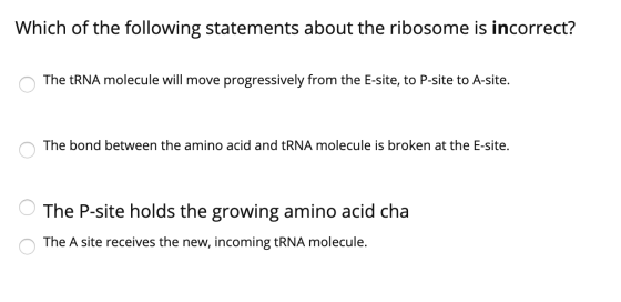 Which of the following statements about the ribosome is incorrect? The tRNA molecule will move progressively from the E-site,