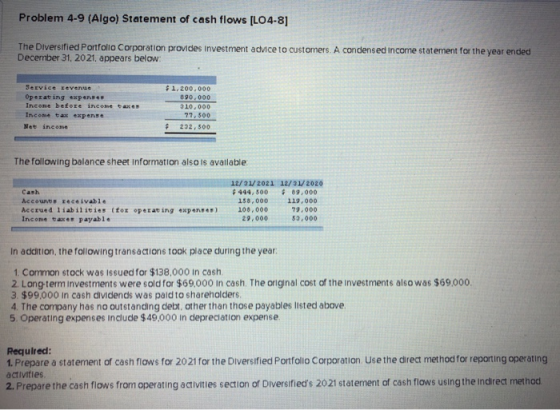 Problem 4-9 (Algo) Statement of cash flows [LO4-8] The Diversified Portfolio Corporation provides investment advice to custom