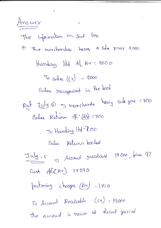 Answer The information on Jant. Comp o the merchandise harry a Scho price 9000 . Harding ltd Aų dr = 9000 . To sales (C) = 90