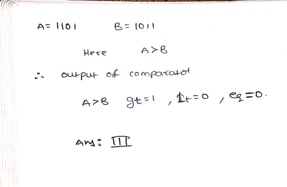 A= 110i B=1011 Here AB output of comparator a A>B gtsi Ir0 ,er=0. Any: TI