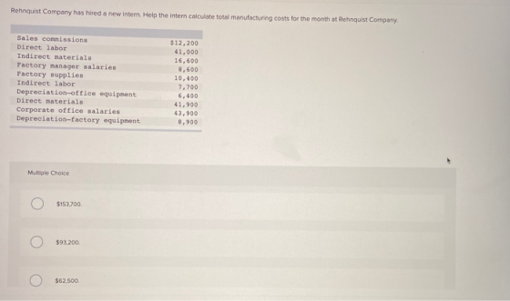 Rehnquist Company has hired a new intem. Help the intern calculate total manufacturing costs for the month at Rehnquist Compa