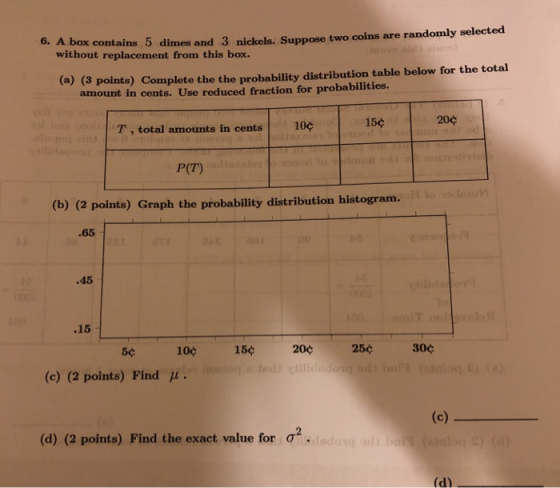 6. A box contains 5 dimes and 3 nickels. Suppose two coins are randomly selected without replacement from this box. a) (3 points) Complete the the probability distribution table below for the total amount in cents. Use reduced fraction for probabilities. 15% 204 T, total amounts in cents 10ç P(T) (b) (2 points) Graph the probability distribution histogram. .65 .45 .15 5c 100 150 20¢ 25c 30ç (c) (2 points) Find . (d) (2 points) Find the exact value for σ