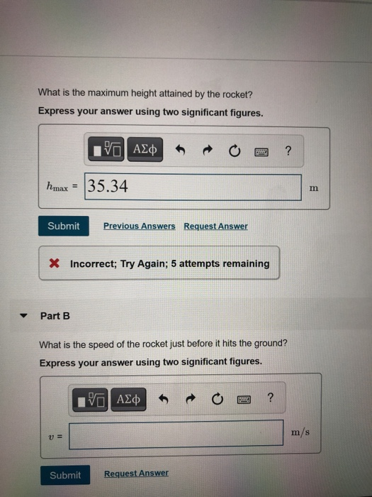 What is the maximum height attained by the rocket? Express your answer using two significant figures. VO AEO ? hmax = 35.34 m