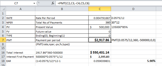 fx =PMT(C2,C3,-C4,C5,C6) В А 1 2 RATE 3 NPER 4 PV 5 FV 6 TYPE 7 PMT 8 0.004791667 0.0575/12 360 30*12 500,000 135000*85% $ Ra